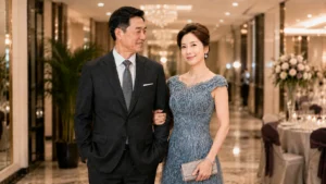 深灰色爸爸西裝搭配灰藍色媽媽禮服，低調沉穩又有質感的主婚人穿搭
