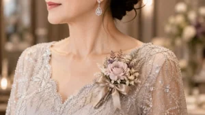 主婚媽媽穿銀灰色珠工禮服，胸花佩戴於左胸鎖骨附近示範