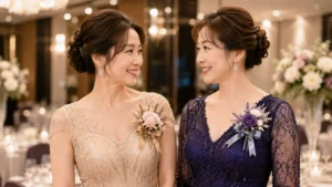 婆婆與岳母穿香檳金與深紫色珠工媽媽禮服，搭配不同色系婚禮胸花