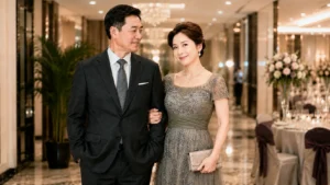 墨綠色媽媽禮服搭配深灰色爸爸西裝，婚禮主婚人夫妻正式穿搭示範