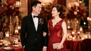 黑色爸爸西裝搭配酒紅色媽媽禮服，適合秋冬婚宴與晚宴的喜氣正式配色