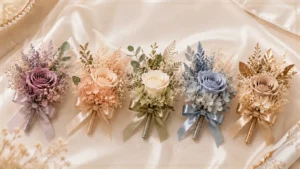 婚禮媽媽胸花顏色搭配示範，紫色、香檳、白色、藍色與金色胸花