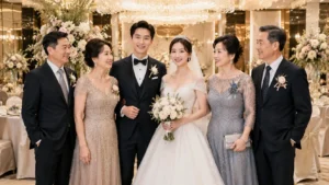 婚禮新人與雙方主婚人全家福，媽媽禮服與爸爸西裝配色協調呈現整體婚禮穿搭