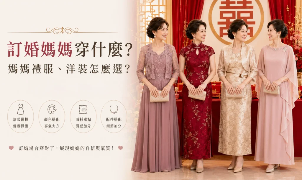 訂婚媽媽穿什麼？四種文定媽媽禮服與洋裝穿搭推薦，適合不同訂婚儀式風格。