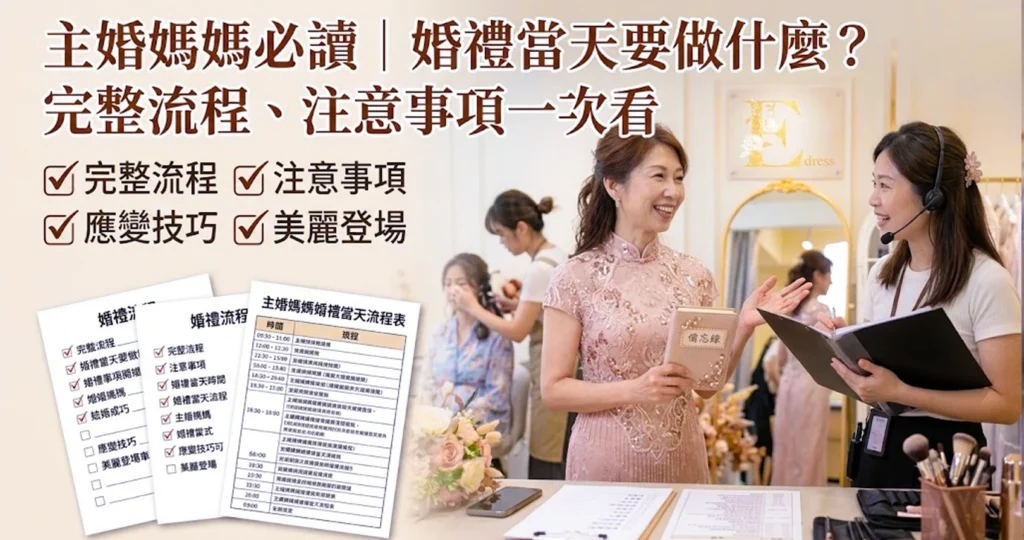 主婚人媽媽婚禮當天流程指南封面圖，左側標題寫著「主婚媽媽必讀｜婚禮當天要做什麼？完整流程、注意事項一次看」，右側畫面為身穿粉色旗袍禮服的媽媽與婚禮顧問核對當天時間表與備忘錄
