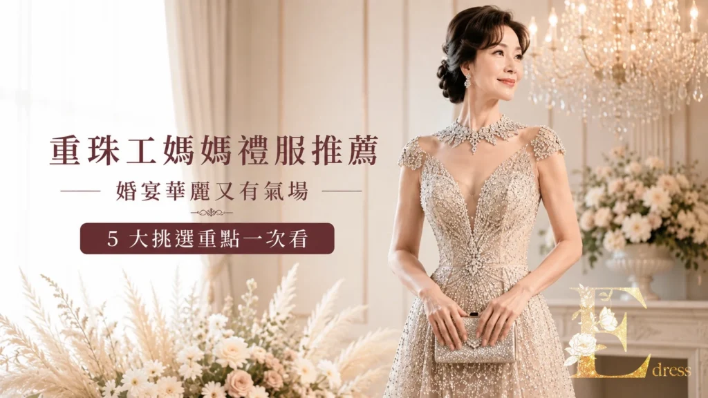 重珠工媽媽禮服推薦，華麗珠工長版禮服打造正式有氣場的婚宴媽媽造型