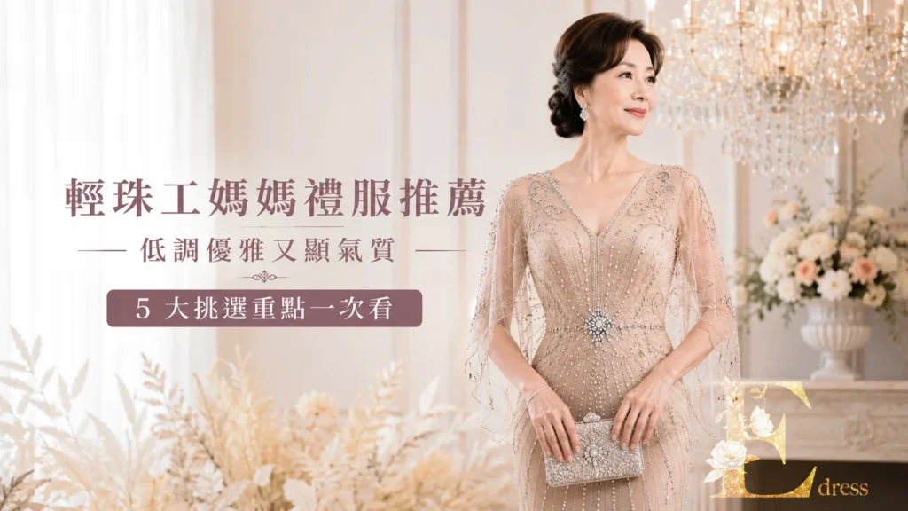 輕珠工媽媽禮服推薦，香檳色珠工禮服展現低調優雅又顯氣質的婚宴媽媽穿搭